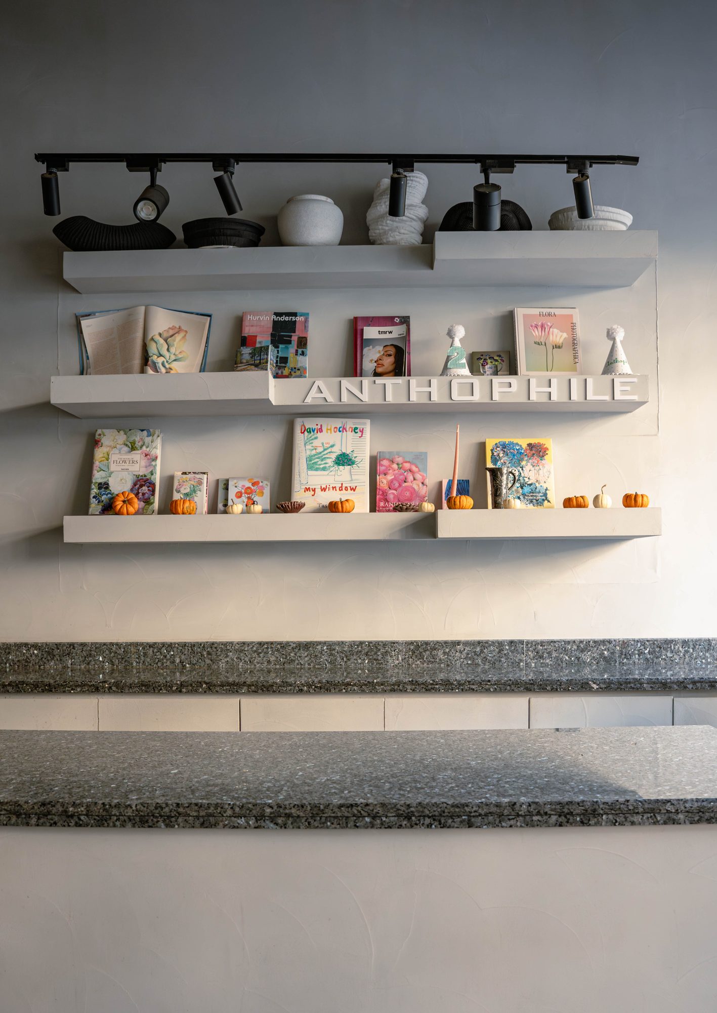 Gallery shelves with framed prints and ceramics